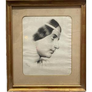 Woman With Headband Drawing In Lead Pencil 19th Century