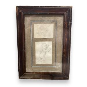 19th Century Drawing Putto And Man With Vine Leaf