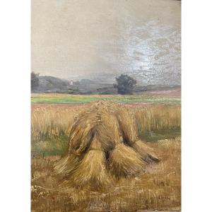 A. Ozée Straw Bales, Summer Hay Oil On Cardboard Late 19th Century