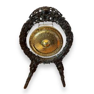 Indochina Carved Wood Gong Holder And 19th Century Brass Gong
