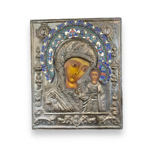 Importante Icone Vierge à l'Enfant  En Cuivre Argenté Et émaux Cloisonnés icône