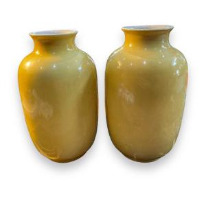 Pair Of Chinese Baluster Vases Yellow Glaze