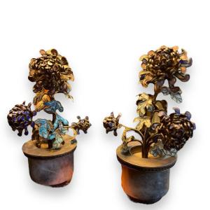 Pair Of Chinese Trees In 19th Century Cloisonné Enamels