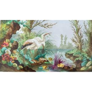 Painted Porcelain Plate 19th Century Birds At The Water's Edge