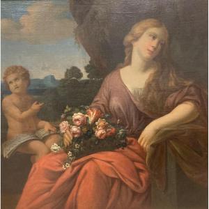 18th Century School Young Woman With Bouquet