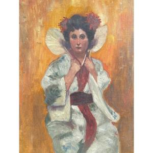 French School Woman In Kimono Oil On Canvas