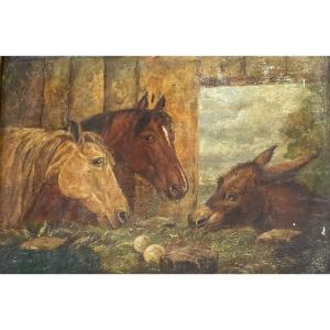19th Century English School Donkey And Horses In A Stable
