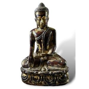 Bouddha Assis En Bois Peint Et Doré Dhyana Mudra