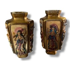 Pair Of Bronze And Polychrome Vases Circa 1900