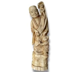 Okimono Sage And Oni Japan 19th Century Walrus Ivory