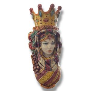 Important Buste de femme sicilienne en terre cuite polychrome CALTAGIRONE