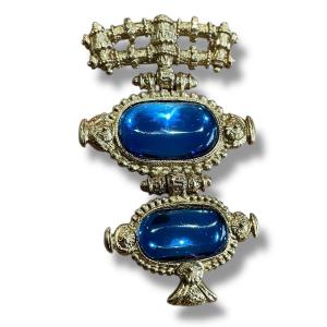 SCHERRER Broche en métal doré et bleu 