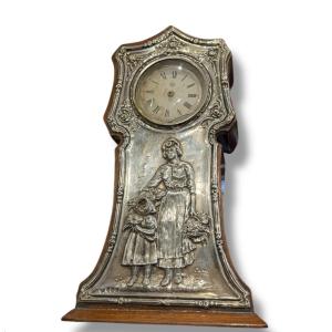 Mother And Child Mantel Clock In Solid Silver