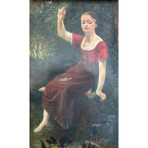 Jeune fille aux oiseaux huile sur panneau XIXeme