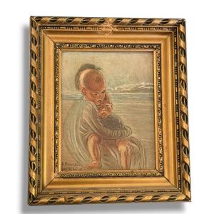 Ecole indochinoise portraits en bord de mer E. POURTAU