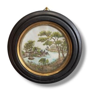 Tondo paysage lacustre XIXeme
