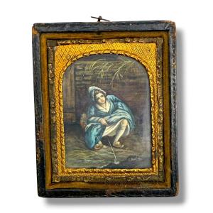 Erotica Curiosa Miniature On Paper Of A Seated Woman Signed Ballat