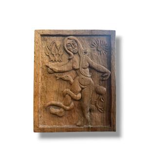 ART POPULAIRE Bas relief en bois Eve au Paradis