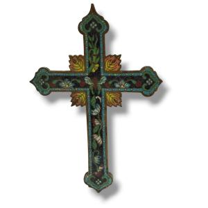 Crucifix croix en émaux cloisonnés papillon Canton XIXeme 