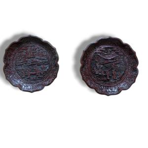 Pair Of Cinnabar Lacquer Floriform Dishes Qianlong Seal