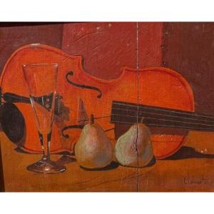 Nature morte au violon huile sur panneau signée Clément