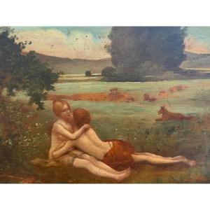Berger et bergère amoureux huile sur panneau XIXeme Caillé d'apèrs Collin