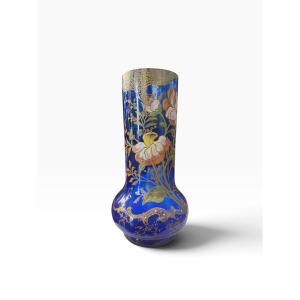 Legras Montjoye grand vase émaillé fond bleu