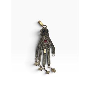 Fatma's Hand Pendant In Gold, Silver, And Stone