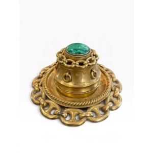 Important encrier victorien bronze malachite