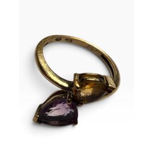 Bague or toi et moi améthyste et topaze