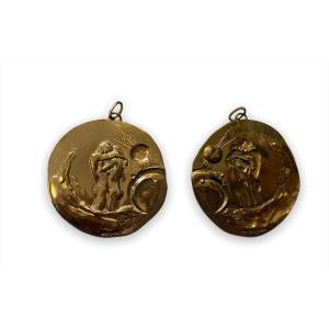 Two Large Medals In Golden Metal Bearing The Signature Of Pierre-yves Tremois