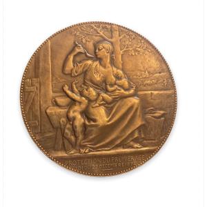 Médaille En Bronze De La Protection Du Premier Âge Par Le Ministère De l'Intérieur Fin XIXeme