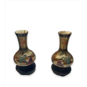 Satsuma - Pair Of Miniature Baluster Vases Meiji Period Circa 1900
