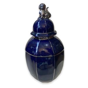 Grand Pot Couvert Bleu De Four En Porcelaine