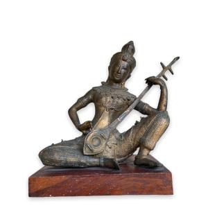 Burmese Or Thai Zither Player In Gilt Bronze