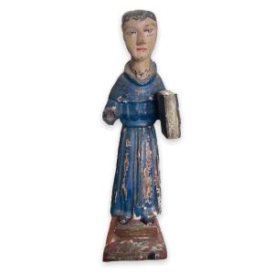 Polychrome Wooden Statuette Representing A Monk Holding A Book