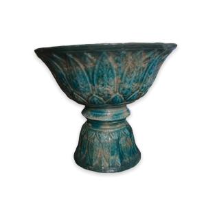 Blue Glazed Ceramic Diabolo Bowl Decorated With Foliage