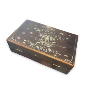 Large Asian Wooden Box Inlaid With Mother Of Pearl Burgaud
