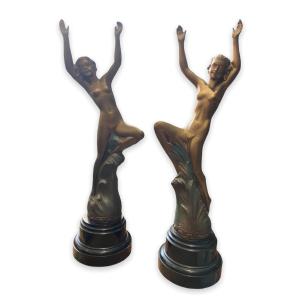 Pair Of Painted Spelter Representing Nymphs XXth