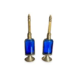 Pair Of Diffusers In Blue Glass And Silver Metal