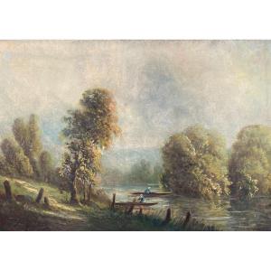 Lacustre Landscape Oil On Canvas 19th Century