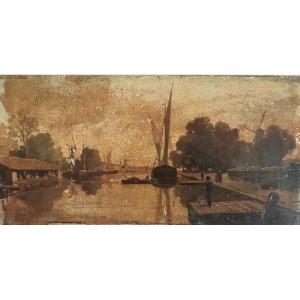 "Scène de port" huile sur panneau XIX Ecole Française