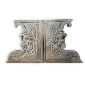 Pair Of Shelving Units - Woodwork With Lions Heads