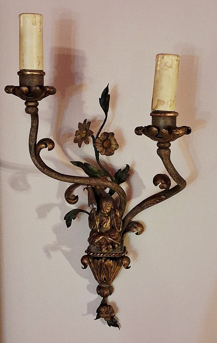 Pair Of Polychrome Sheet Metal Wall Lights-photo-2