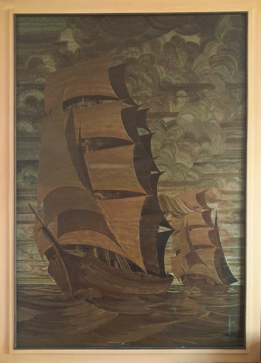 R. Quibel 1938, "Deux caravelles par vent portant" (187,5 x 129 cm), 