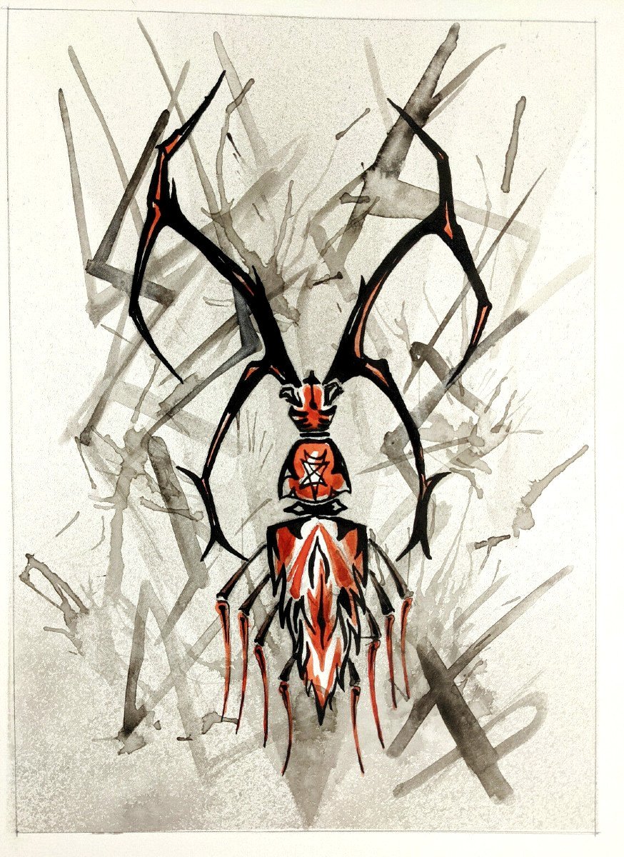 Grand insecte rouge - gouache 63 x 48cm - par René Roucoux vers 1960-70