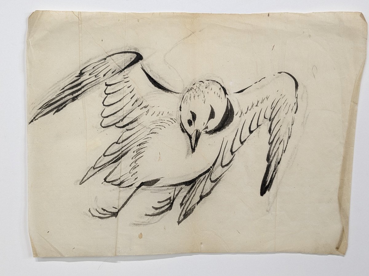 Two Oriental Doves - Chinese Ink Early 20th Century-photo-2