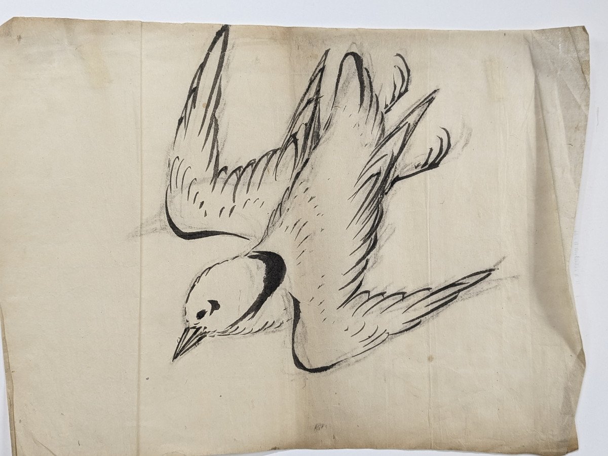 Two Oriental Doves - Chinese Ink Early 20th Century-photo-3