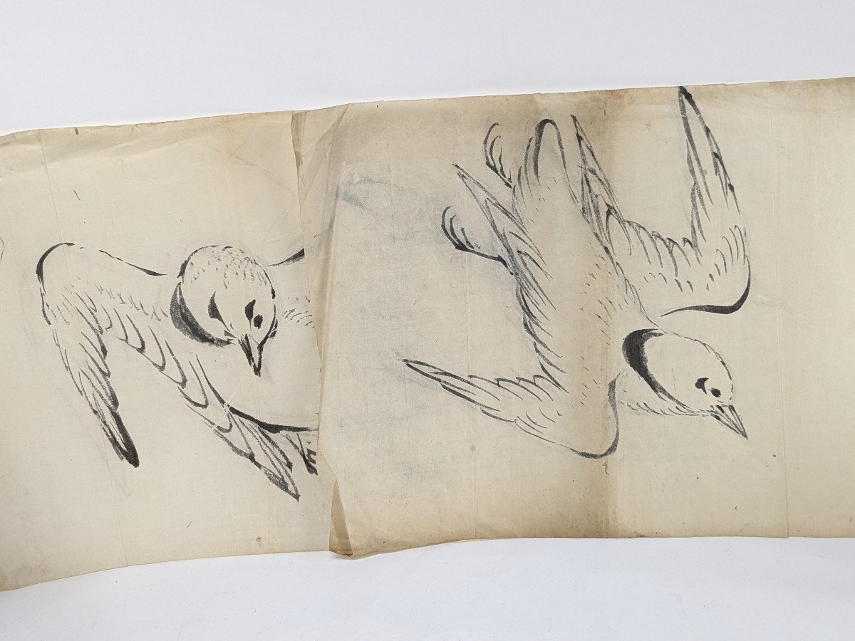 Two Oriental Doves - Chinese Ink Early 20th Century-photo-6