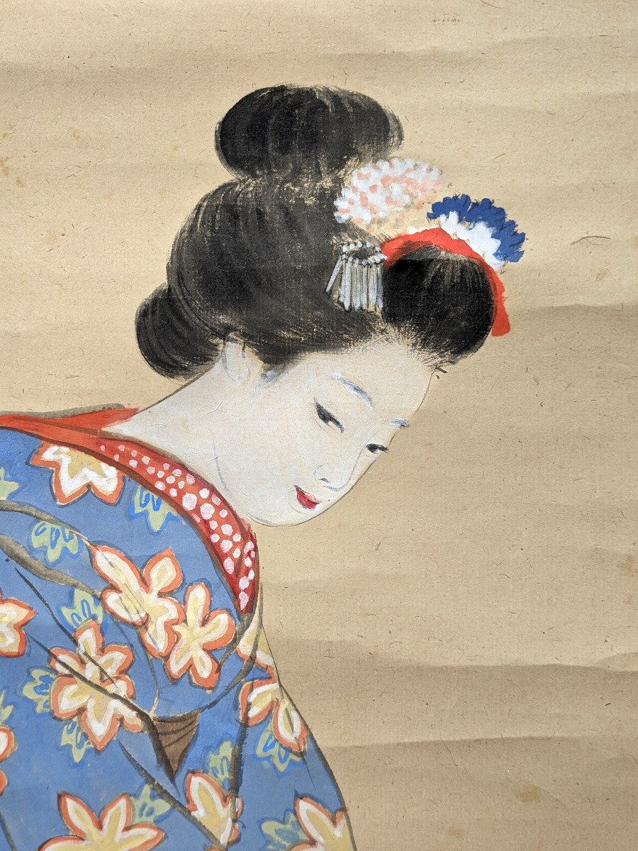 Geisha In Blue Kimono - Gouache Kakemono Painted Japan Circa 1900-photo-4